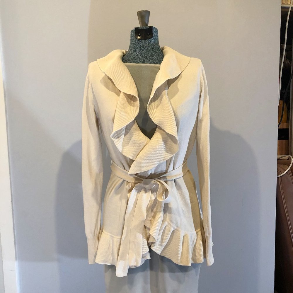 Caslon Ruffled Tie-Waist Cardigan - Ivory